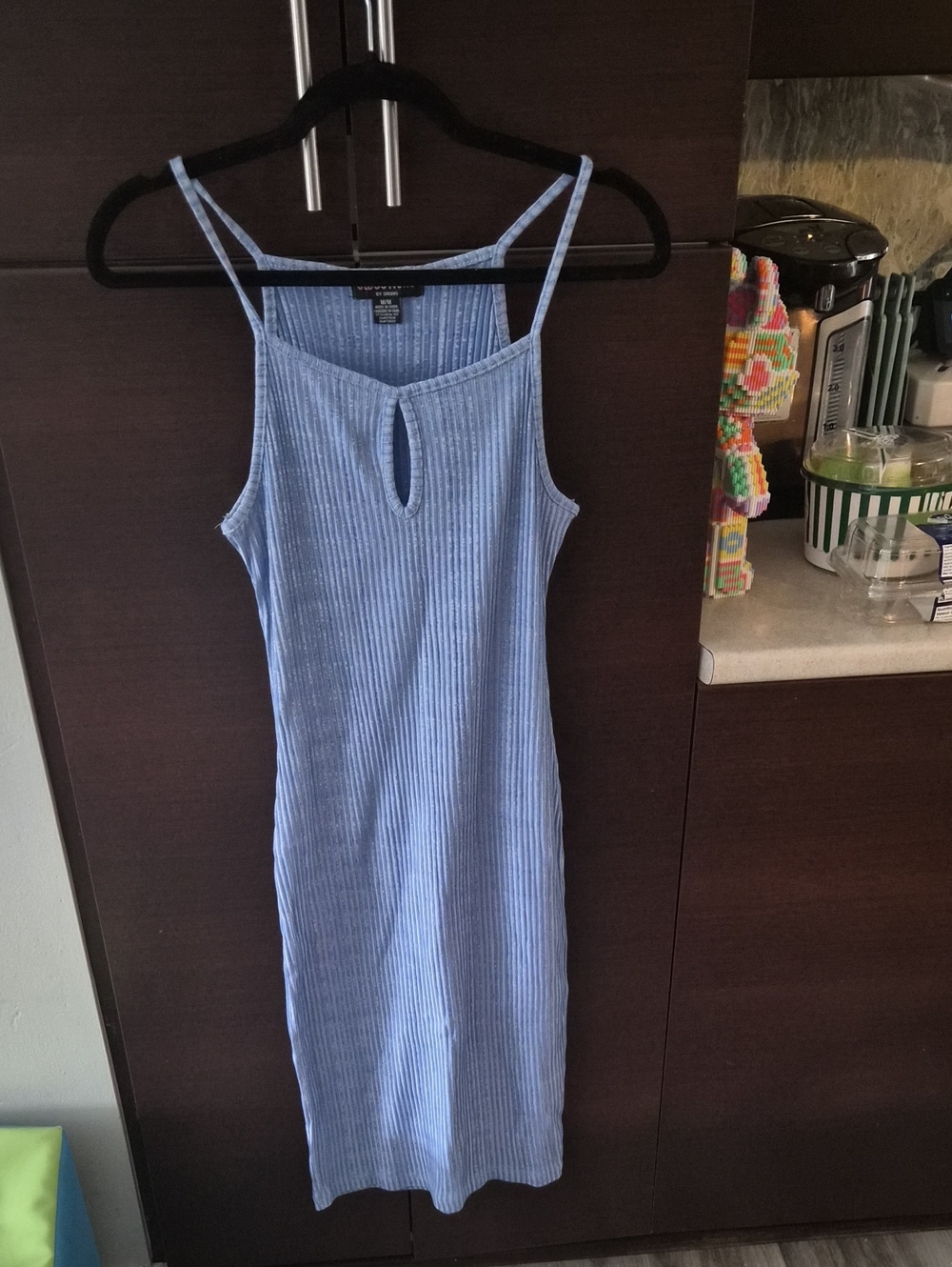 Light Blue Ribbed Keyhole Midi Dress — Slim Spaghetti-Strap Style